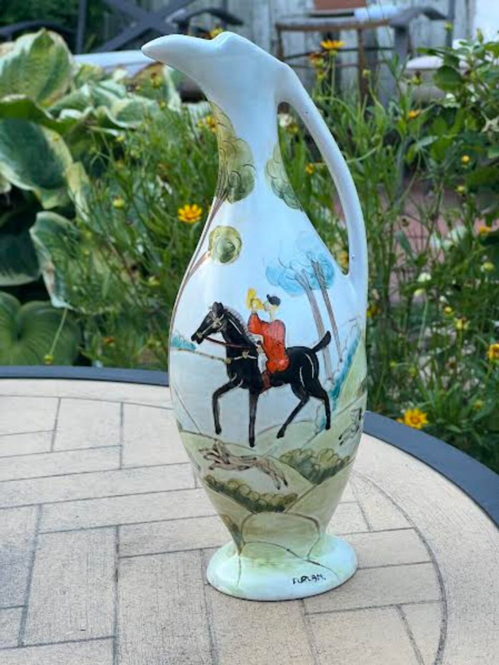 Vintage Bischoff Italian Ceramic Pitcher Vase: Hand-Painted Equestrian Scene